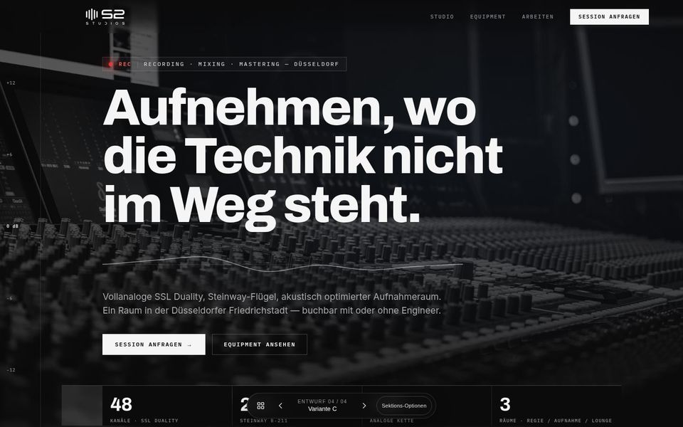 Vorschau Entwurf 4, Variante C: dunkle Startseite im Datenblatt-Stil mit Kennzahlen-Leiste, 48 Kanäle SSL Duality und Steinway B-211